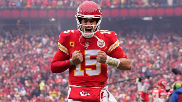 Jan 21, 2023; Kansas City, Missouri, USA; Kansas City Chiefs quarterback Patrick Mahomes (15) before playing against the Jacksonville Jaguars in the AFC divisional round game at GEHA Field at Arrowhead Stadium.